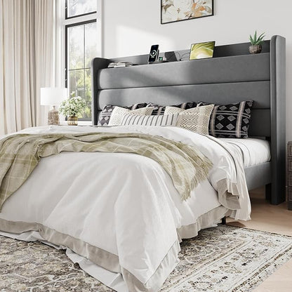 Allewie King Size Upholstered Bed Frame with Charging Station & Storage Headboard, Soft Velvet Wingback Platform Bed, Strong Wooden Slats Support, No Box Spring Needed, Easy Assembly, Light Grey