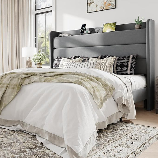 Allewie King Size Upholstered Bed Frame with Charging Station & Storage Headboard, Soft Velvet Wingback Platform Bed, Strong Wooden Slats Support, No Box Spring Needed, Easy Assembly, Light Grey