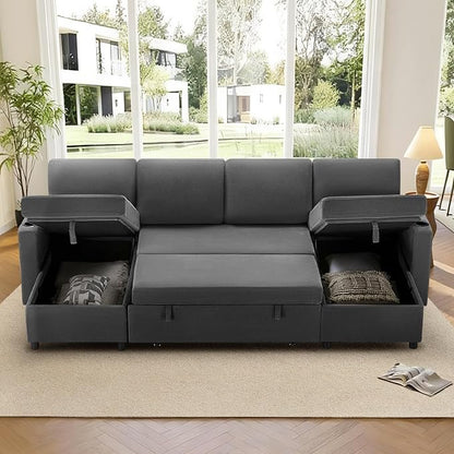 KISLOT 110 Inch Sectional Sleeper Sofa with Pull Out Bed Convertible Plush 2 in 1 Couch with Storage Chaise & USB Charging Comfy L Shaped Modular Couches for Living Room Apartment(3 Box)