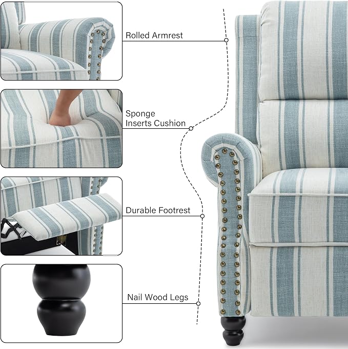 Recliner Chair, Modern Pushback Armchair with Adjustable Backrest & Footrest for Bedroom, Living Room (Blue Stripe,Set of 1)