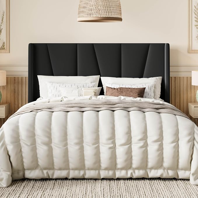 SHA CERLIN Full Size Velvet Bed Frame with Geometric Wingback Headboard, Upholstered Platform Bed with Wooden Slats Support, 8" Under-Bed Space, No Box Spring Needed, Easy Assembly, Black