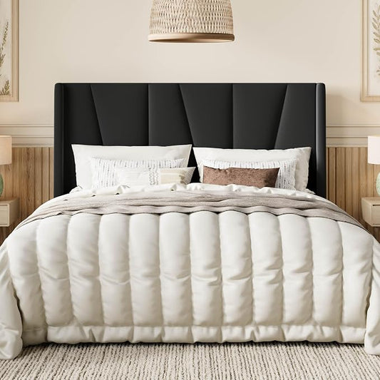 SHA CERLIN Full Size Velvet Bed Frame with Geometric Wingback Headboard, Upholstered Platform Bed with Wooden Slats Support, 8" Under-Bed Space, No Box Spring Needed, Easy Assembly, Black