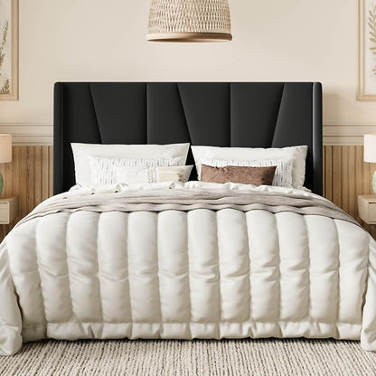 SHA CERLIN Queen Size Bed Frame with Geometric Wingback Headboard, Upholstered Platform Bed with Wooden Slats Support, 8" Under-Bed Space, No Box Spring Needed, Easy Assembly, Black