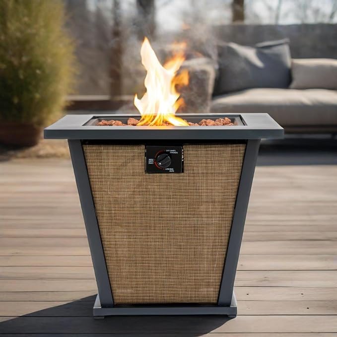 28" Propane Gas Fire Pit Table, 50000 BTU Square Outdoor Fire Pit with Steel Tabletop & Textilene Base, Patio Fire Table with Lid, Lava Rocks & Rain Cover for Backyard Deck Garden, Brown