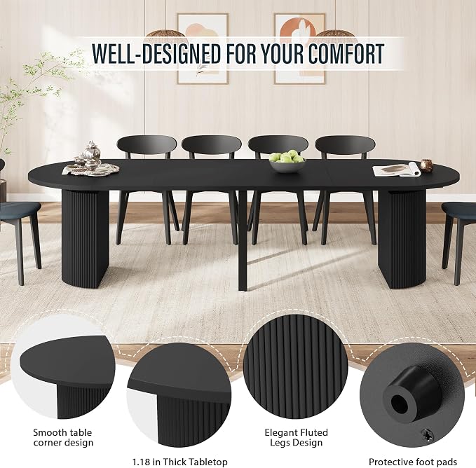 weselon 42"-120" Extendable Dining Table for 4-14, Expandable Oval Dining Room Table with Fluted Pedestal Base & Reinforced Metal Support Leg, Extra Large Modern Kitchen Table (Black)