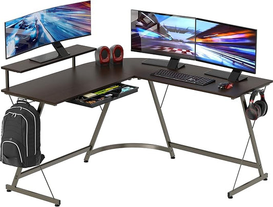 SHW 51 x 51 Inches Vista L-Shaped Desk with Monitor Stand and Drawer, Espresso