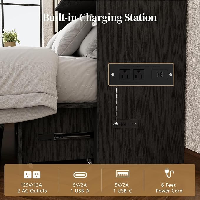Ihanherry Farmhouse Queen Murphy Bed with Storage Drawer,Cabinet Bed with LED Lights & Charging Station, Space Saving Wall Bed for Small Bedroom/Home Office, Noise Free & Easy Assembly, Black