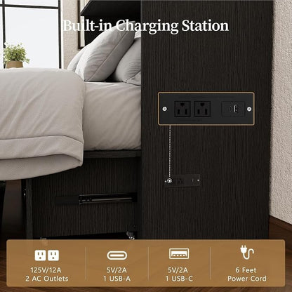 Ihanherry Farmhouse Queen Murphy Bed with Storage Drawer,Cabinet Bed with LED Lights & Charging Station, Space Saving Wall Bed for Small Bedroom/Home Office, Noise Free & Easy Assembly, Black