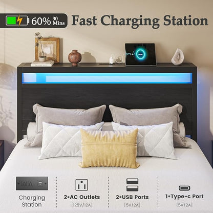 HISOFT Twin Bed Frame with Storage, Wood Headboard with Fast Charging Station, LED Lights, Platform Bed Frame Twin Size, Fabric Drawers with Wheels, No Box Spring Needed, Noise Free, Classic Black