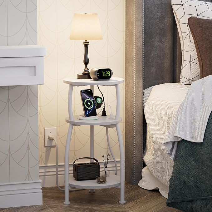 Round Side Table with Power Outlet & USB Ports, 3-Tier End Table with Storage Shelf, Modern Rustic Nightstand, Small Spaces Accent Table for Living Room Bedroom, Easy Assembly, White