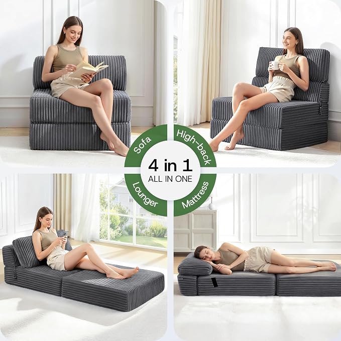 Convertible 4-in-1 Folding Sofa Bed Boneless Sleeper Chair Couch Foldable Chaise Lounger & Mattress Pocket Coils+Foam Medium Support, Portable No Assembly for Living Room/Bedroom, Twin XL