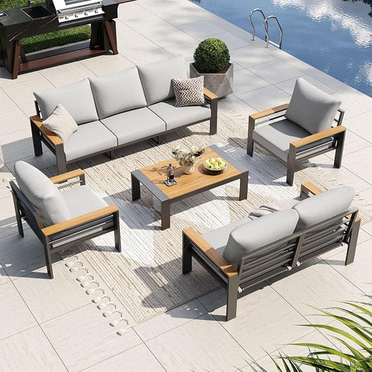 Aoxun Patio Furniture Set, 7 Piece Aluminum Patio Sets with 5" Thicken & Washable Cushion, Waterproof Outdoor Furniture with Coffee Table, Outdoor Couch Sectional for Backyard, Porch and Garden