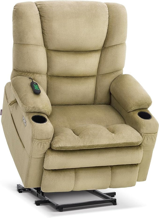 MCombo Big Man Power Lay Flat Lift Chair, Triple Motor Power Lift Recliner with Massage & Dual Heating, Adjustable Headrest, Fabric R7635 (Beige, Large-Wide)