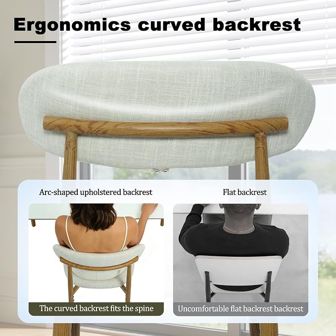 FREKEN Modern Upholstered Dining Chairs Set of 8, Mid-Century Metal Frame with Wood Grain, Linen Fabric Side Chair for Kitchen Dining Room, 350lbs Capacity, Beige