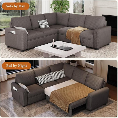 Vesgantti 88.4" Sleeper Sectional Couch with Pull Out Bed, 5 Seater L Shaped Modular Sectional Sofa with Storage, Comfy Corduroy Modular Sofa for Living Room, Bedroom, Apartment, Light Coffee