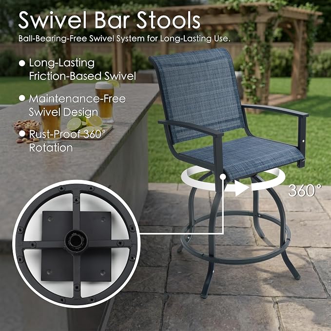 Kozyard Outdoor Swivel Bar Stools Set of 2, 360° Swivel Counter-Height Patio Bar Chairs with High Back, Powder-Coated Steel Frame & Textilene Fabric for Backyard, Balcony, Kitchen Island Navy Blue