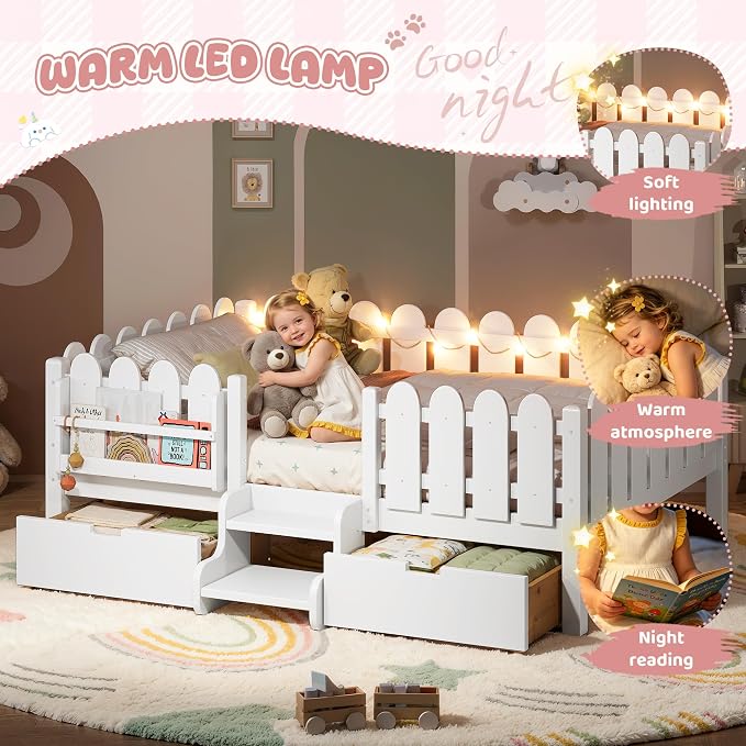 Bellemave Full Kids Montessori Bed with Stairs, Bookshelf and LED Lights, Solid Wood Kids Bed Frame with Storage Drawers for Boys Girls, Low Profile,White