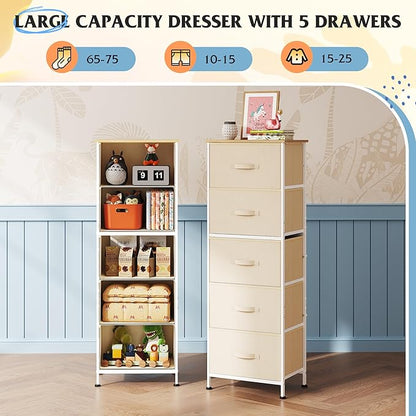 WLIVE Fabric Dresser, 5-Drawer Tall Dressers for Bedroom, Storage Dresser Organizer with Fabric Bins, Wood Top, Sturdy Steel Frame, Chest of Drawers for Closet, Hallway, Cream White