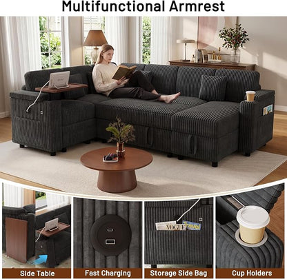 L-Shaped Sectional Sleeper Sofa with Pull Out Bed, Dark Grey | Plush Corduroy, Reclining Backrest, Storage Chaise, Usb Ports, Cup Holders & Table – Modular Cloud Couch for Living Room