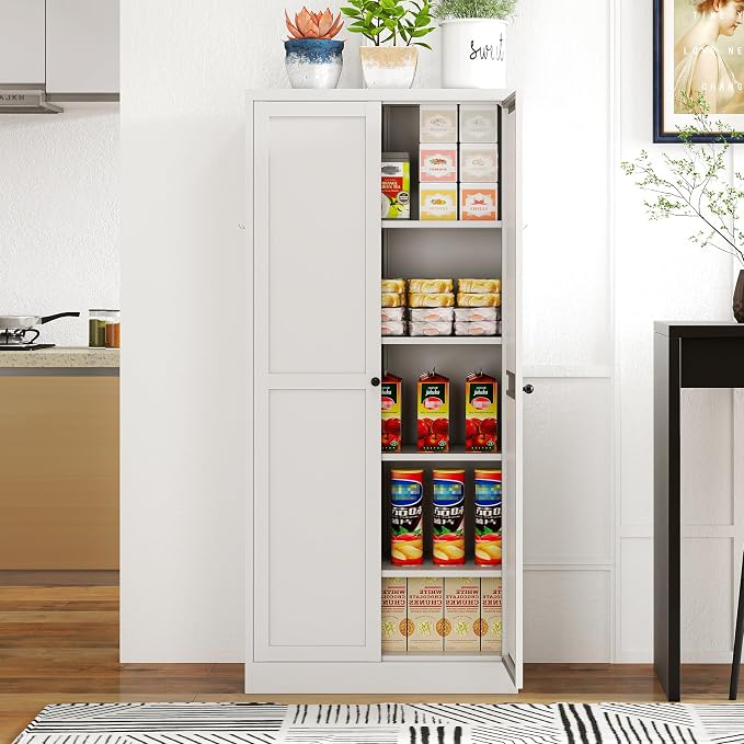 Kitchen Pantry Cabinet, 61" H Storage Cabinet with Doors and Adjustable Shelves, Spacious Cupboard with 2 Handles, Metal Kitchen Cabinet for Dining Room, Living Room, White