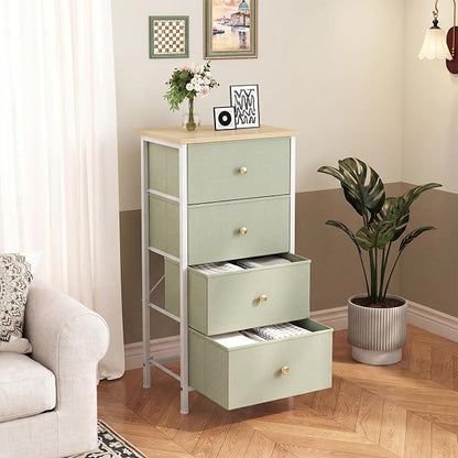DUMOS Nightstand with 4 Drawers Bedside Table with Removable Fabric Bins Sturdy Steel Frame Wood Top Organizer Furniture for Bedroom Closet Living Room, Light Green