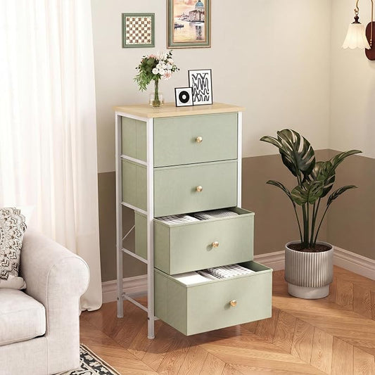 DUMOS Nightstand with 4 Drawers Bedside Table with Removable Fabric Bins Sturdy Steel Frame Wood Top Organizer Furniture for Bedroom Closet Living Room, Light Green