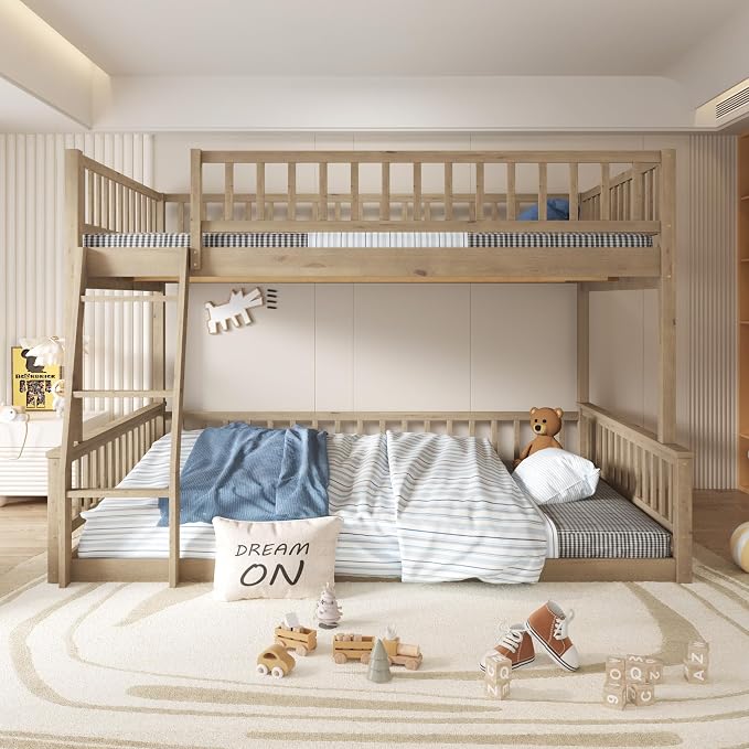Full XL Over Queen Bunk Bed with Safety Guardrails, Solid Wood Floor Bunk Bed Frame with Sturdy Slat Support for Kids Teens Adults, Detachable Design (Walnut-tra)
