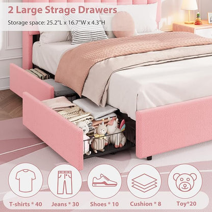 Garvee LED Full Size Bed Frame with Storage Headboard, Kids Bed Frame with 2 Drawers, Boucle Upholstered Platform Bed for Girls, Chic Wavy Headboard with Bookcase, No Box Spring Needed, Pink
