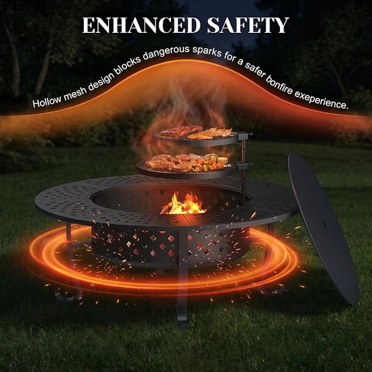 Outdoor Fire Pit, 48" Fire Pit for Outside Wood Burning with Adjustable 2 Grills, Firepit with Lid and Fire Poker, BBQ, Bonfire, Round Outdoor Fireplace 3 in 1 for Patio, Backyard, Garden, Camping
