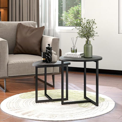 HOJINLINERO Coffee Table Side Tables End Tables Living Room Set of 2,Round Small Coffee Table Decor for Bedroom,Modern & Sturdy Metal Frame & Wood Top,Easy Assembly,Black