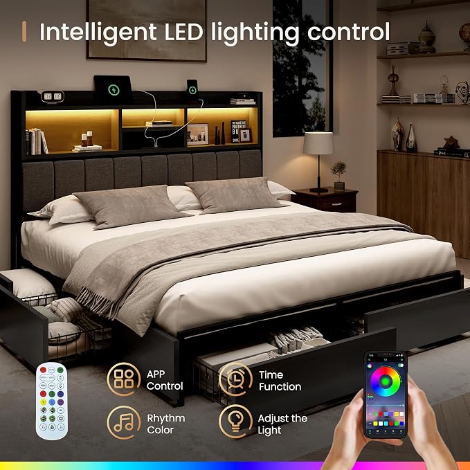 BRELTAM Queen Bed Frame with 6 Storage Drawers, Linen Upholstered Headboard, Built-in USB Charging Station & LED Lighting, Silent Metal Support, No Box Spring Needed, Vintage Black
