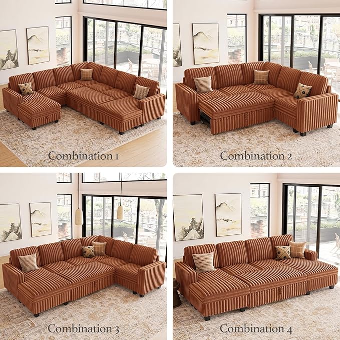 Belffin Plush Corduroy Modular Sectional Sofa Armrest Part Module for Sectional Sleeper Sofa with Pull Out Bed (Set of 2) Brick Red Couch