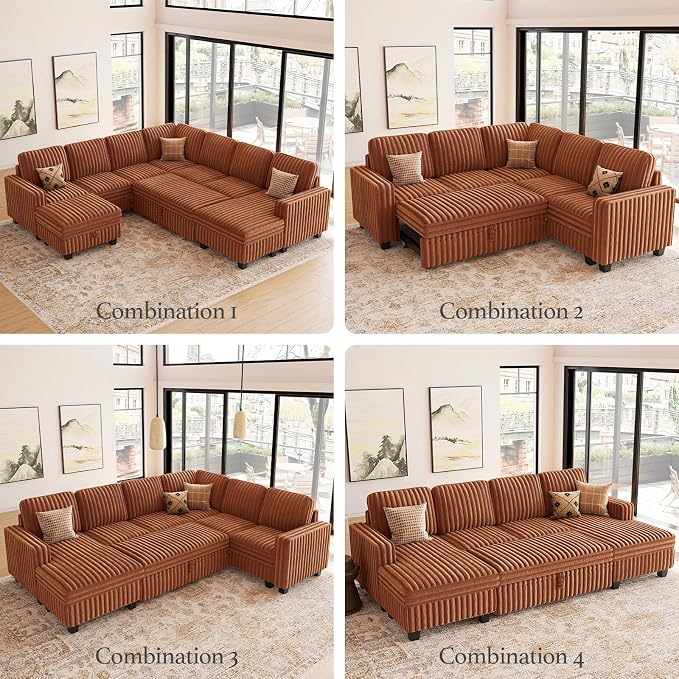Belffin Corduroy Sectional Sleeper Sofa with Pull Out Bed Modular Sectional Loveseat Sofa Bed for Living Room Brick Red Couch