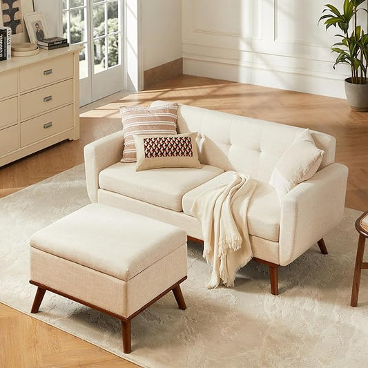 Kingfun 65" W Loveseat Sofa with Ottoman Coffee Table, Mid Century Modern Decor Love Seat Couches and Ottoman with Storage for Living Room, Button Tufted Upholstered Love Seats Furniture Set, Beige