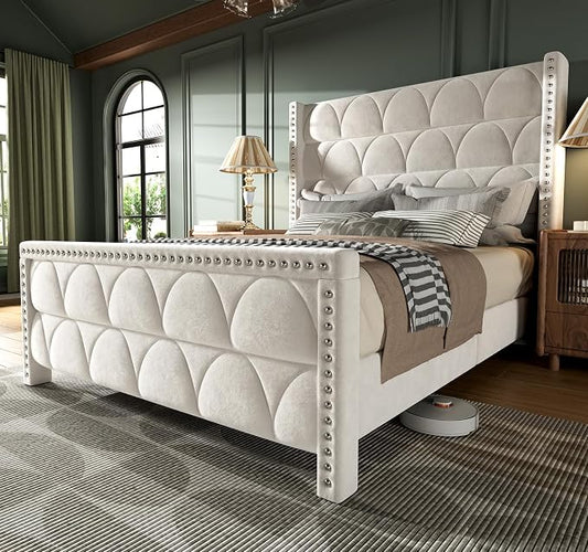 OHOHOLIVE Queen Size Bed Frame with 56" Headboard - Velvet Upholstered Wingback Platform Bed Frame, Noise Free, Sturdy Wooden Slat Support (Cream, Queen)