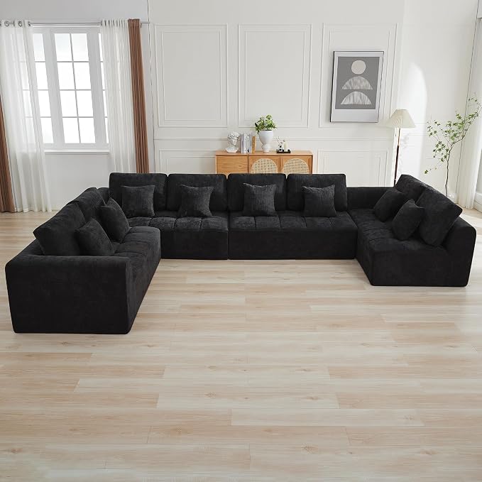 170''Modular Sectional Couches for Living Room, Cloud Boneless Compressed Sectional Sofa, Oversized U Shaped 8 Seater Upholstered Memory Foam Sofa, No Assembly, Chenille Black