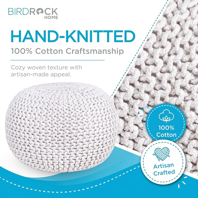 BIRDROCK HOME Round Pouf Ottoman Foot Rest - 18.5”x18.5”x15” Boho Compact Comfortable Soft Cotton Braided Foot Stool with Bean Bag Filling for Living Room, Bedroom, or Nursery (Ivory)