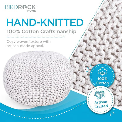 BIRDROCK HOME Round Pouf Ottoman Foot Rest - 18.5”x18.5”x15” Boho Compact Comfortable Soft Cotton Braided Foot Stool with Bean Bag Filling for Living Room, Bedroom, or Nursery (Ivory)