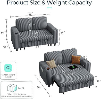 LINSY HOME Sectional Sleeper Sofa with Pull Out Couch Bed for Living Room (Grey) | Plush Corduroy