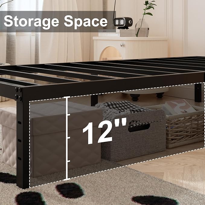 Maenizi Bed Frame Queen Size with White Fabric Cover 14 Inch, Heavy Duty Metal Queen Bed Frame, No Box Spring Needed, Support Up to 3000 lbs, Easy Assembly, Noise Free, Black