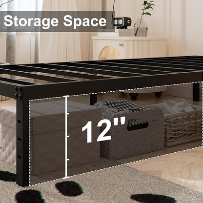 Maenizi Bed Frame Queen Size with White Fabric Cover 14 Inch, Heavy Duty Metal Queen Bed Frame, No Box Spring Needed, Support Up to 3000 lbs, Easy Assembly, Noise Free, Black