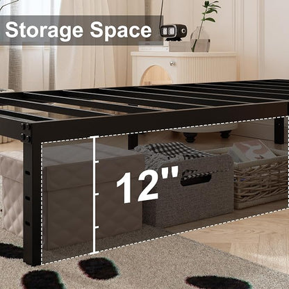 Maenizi Twin Bed Frame with White Fabric Cover 14 Inch, Heavy Duty Metal Bed Frame Twin, No Box Spring Needed, Support Up to 2500 lbs, Easy Assembly, Noise Free, Black