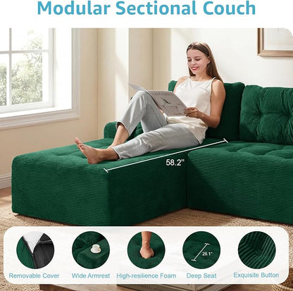 Hobestluk Modular Sectional Sofa Couches L-Shape Couch 3 Seat Modular Sofa Memory Foam Sectional Couches for Living Room, Cloud Couch with Oversized Chaise (Emerald Corduroy, 96", Left Hand Facing)