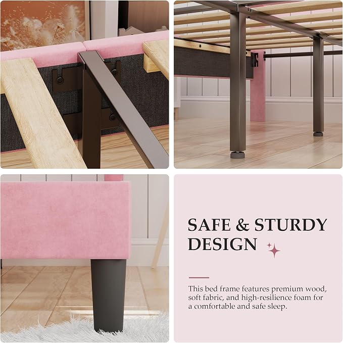 VECELO Twin Size Bed Frame with Diamond Tufted Headboard, Upholstered Platform Bedframe with Wood Slat Support, No Box Spring Needed, Velvet & Pink