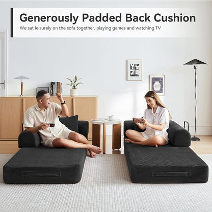 Convertible Sleeper Bed with 2 Cylindrical Pillow, Comfy Foldable Bed Compressed Sofa in Box, Floor Sofa Lounge Couch for Living Room Bedroom Lounge Studio, Tool-Free Assembly (Black)