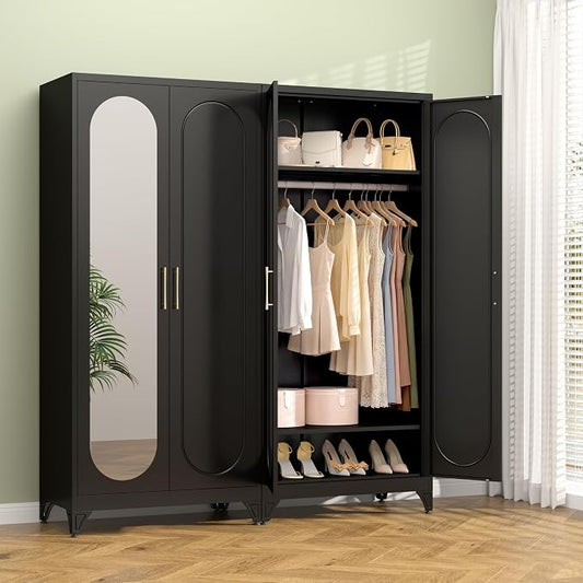 Polup Metal Armoire Wardrobe Closet with Mirror, 71" Tall Steel Clothing Storage Cabinet with Doors, Hanging Rod and Adjustable Shelves, Freestanding Clothes Organizer for Bedroom, Office, Black