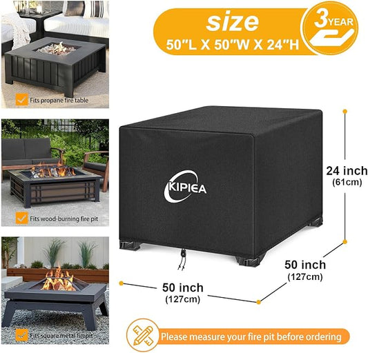 Kipiea Square Fire Pit Cover, Upgraded 600D Strong Tear Resistant, 50" L x 50" W x 24" H Super Waterproof Fire Pit Table Cover, UPF 50+ Outdoor Firepit Cover Square Fading Resistant