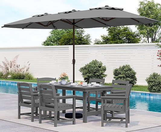 SERWALL 8-Piece Patio Dining Sets with 15FT Double Side Patio Umbrella, Outdoor HDPE Dining Furniture Set with Umbrella Hole Cut-Out Table and 6 Chairs, Gray（Umbrella Base not Included）