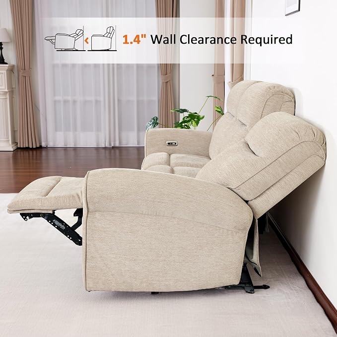 MCombo 87.8" Wall Hugger Power Reclining Sofa, 3-Seat Triple Recliner Couch with USB Ports, Rolled Arm Space Saving Recliner Sofa for Living Rooms Apartments RV, Fabric PR635M5 (Beige)
