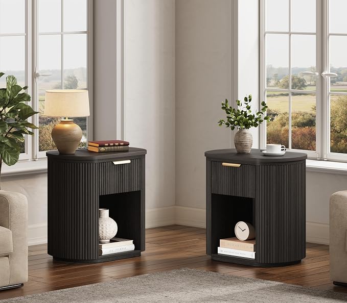 Fluted Nightstand with Charging Station, 23.6" Bedside Side Table with Drawer, Wood End Table with Storage, Curved Round Corner, Furniture Bedroom Sofa, Mid Century Modern, Vintage, Black,Set of 2